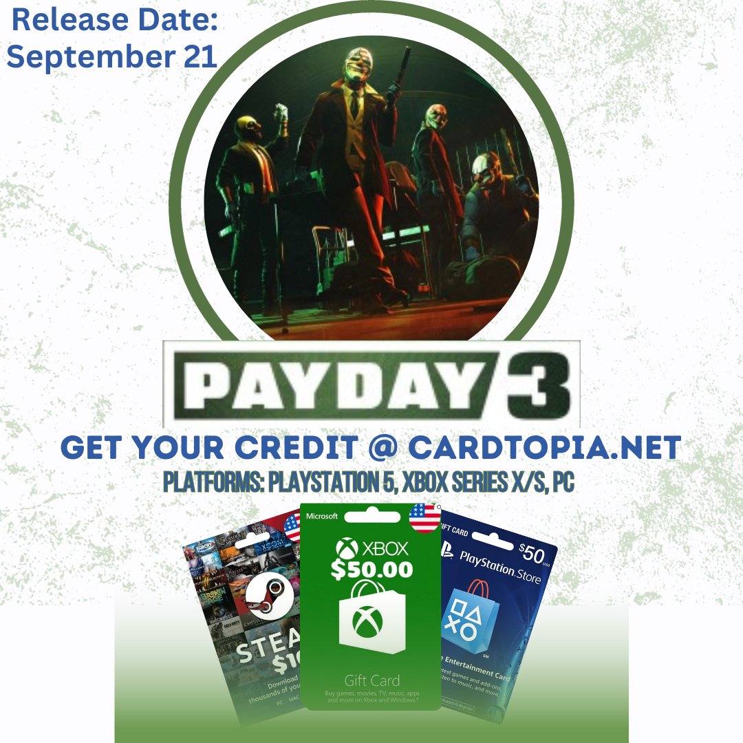 Get your Cards today @ cardtopia.net Pay Day 3 Out September 21st 2023. Don't Miss It

#PAYDAY3  #xboxcard #playstationcard #digitalgiftcard #gamer #shooter #steamcard #PC #Gamecredits #cardtopia.net  #usregion