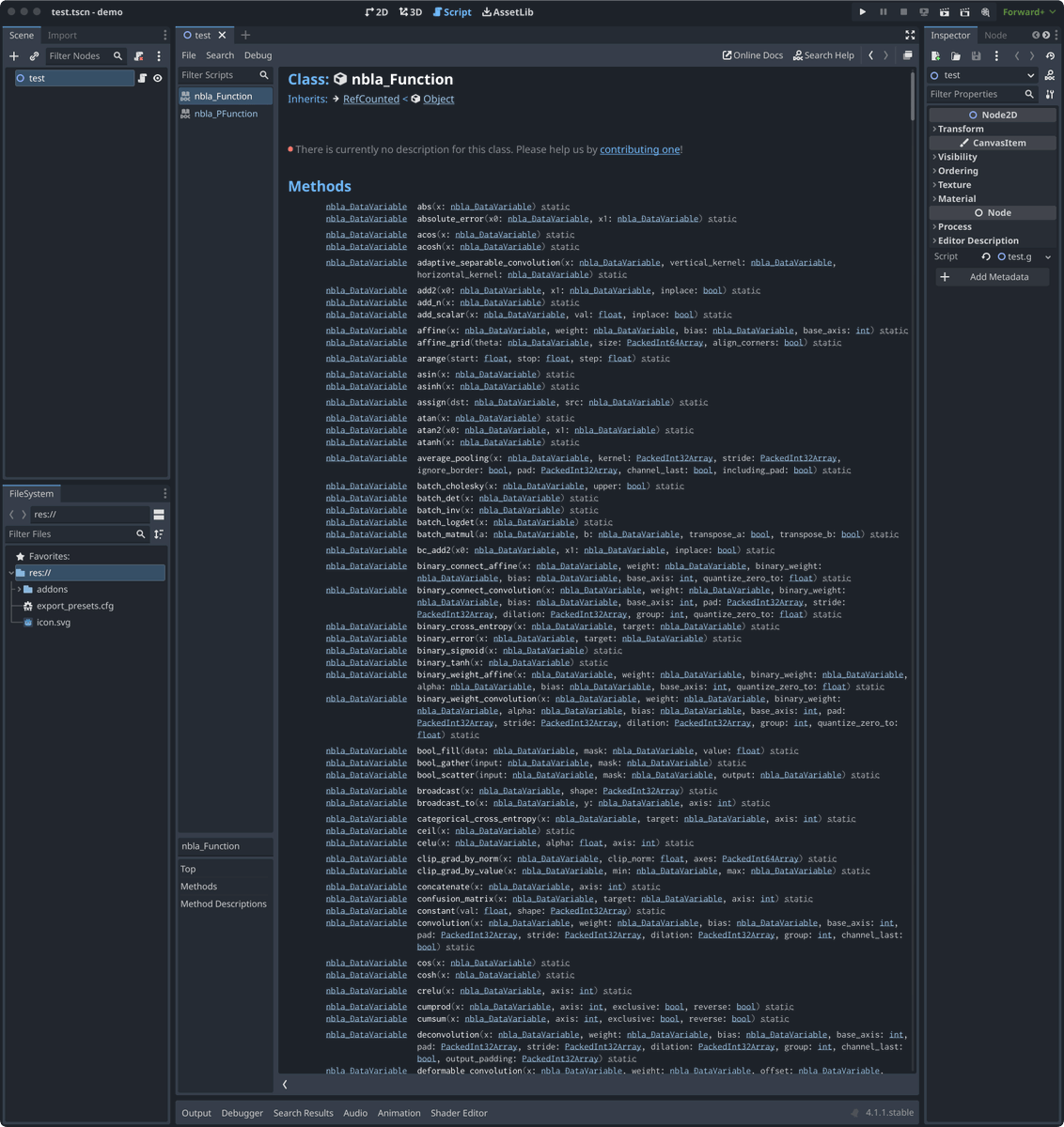 MizunagiKB's tweet photo. 以前Godot Engine上でNNabla C Runtimeを移植したので、うっかりNNabla本体の移植を始めました。
本家はCMakeの時点でmacOSに対応していない様なのですがビルドを通してクラスや関数をそれっぽいものに揃えるまで辿り着きました。 #GodotEngine #neuralnetworklibraries https://t.co/xQ9nJ74A2Z