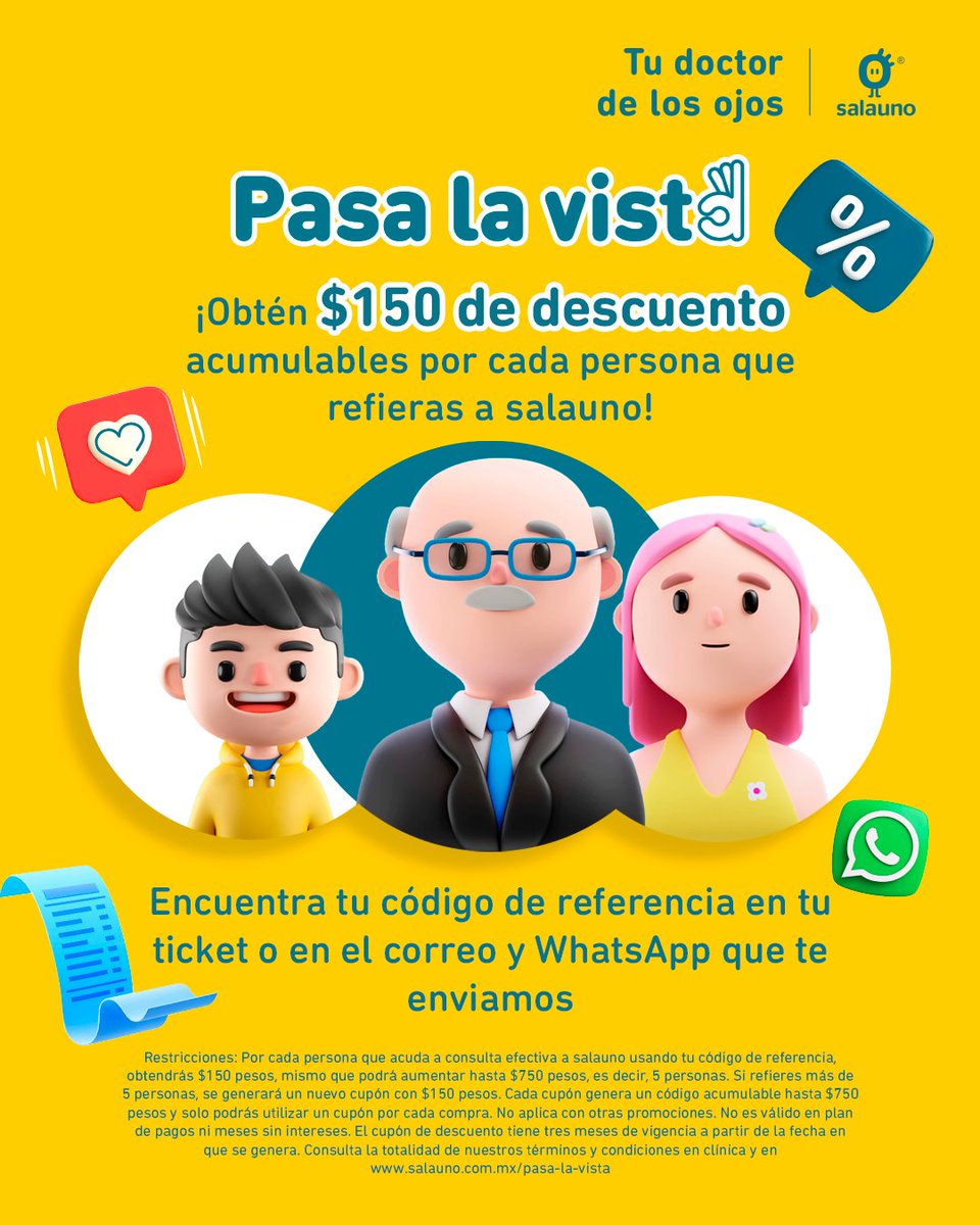Con nuestro programa de referidos Pasa la Vista obtienes descuentos para ti y tus seres queridos 👀👌. ¡Juntos compartimos, juntos disfrutamos la alegría de ver bien!​

Más información en salauno.com.mx/pasa-la-vista o envíanos un Mensaje Directo ☺️