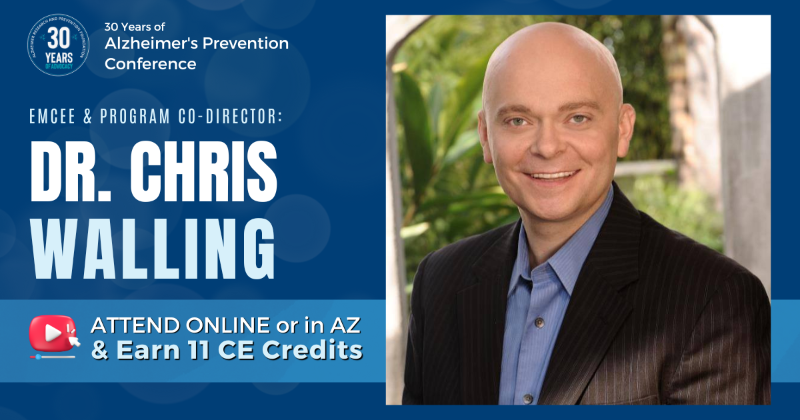 PreventAD's tweet photo. Emcee for the 30 Years of Alzheimer's Prevention Conference: Dr. Chris Walling, PsyD, MBA, C-IAYT, SEP (@somapsych) 

Attend online or in-person &amp; earn 11 CE Credits 
🔗 Details: https://t.co/XEDiJ8IDiM

#Alzheimers #BrainHealth
#WorldAlzheimersMonth #WorldAlzheimersDay #EndAlz