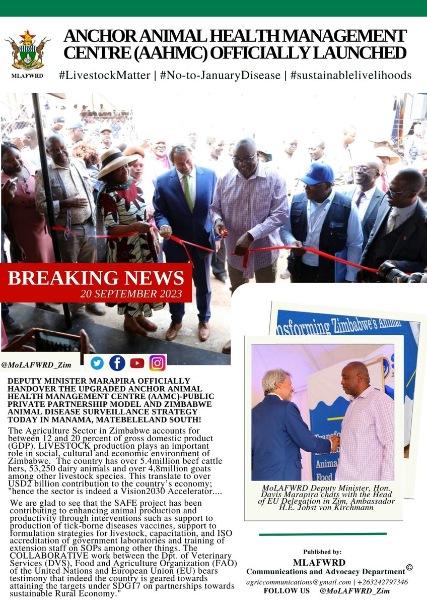 MinofLands,Agric,Fisheries,Water&Rural Development (@molafwrd_zim) on Twitter photo Transforming Zimbabwe's Animal Health and Food Safety Systems. The Deputy Minister of <a href="/MoLAFWRD_Zim/">MinofLands,Agric,Fisheries,Water&Rural Development</a> Hon. Davis Marapira officially launched & handed over the Anchor Animal Health Management Centre in Manama, Gwanda_Mat South today!
<a href="/basera_john/">John Basera</a> <a href="/FAO/">Food and Agriculture Organization</a> <a href="/ZAGPInfo/">Zimbabwe Agricultural Growth Programme</a> <a href="/EU_Commission/">European Commission</a> Transforming Zimbabwe's Animal Health and Food Safety Systems. The Deputy Minister of <a href="/MoLAFWRD_Zim/">MinofLands,Agric,Fisheries,Water&Rural Development</a> Hon. Davis Marapira officially launched & handed over the Anchor Animal Health Management Centre in Manama, Gwanda_Mat South today!
<a href="/basera_john/">John Basera</a> <a href="/FAO/">Food and Agriculture Organization</a> <a href="/ZAGPInfo/">Zimbabwe Agricultural Growth Programme</a> <a href="/EU_Commission/">European Commission</a>