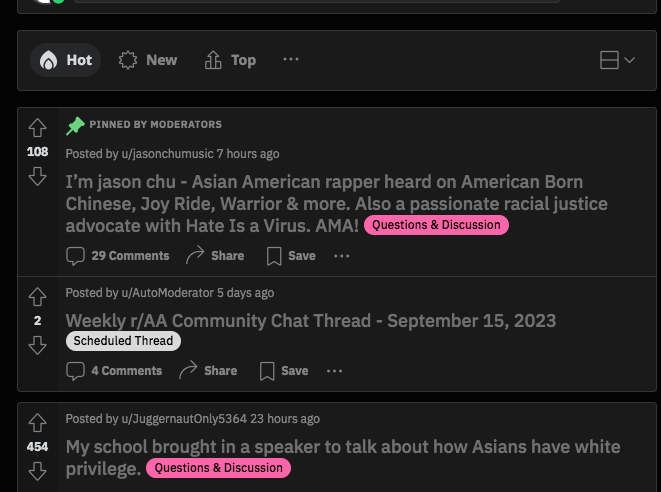 r/asianamerican is ridiculous.
can't even talk about real issues facing your own damn people and try to help.

"pinned thread" isn't even pinned. what a joke.