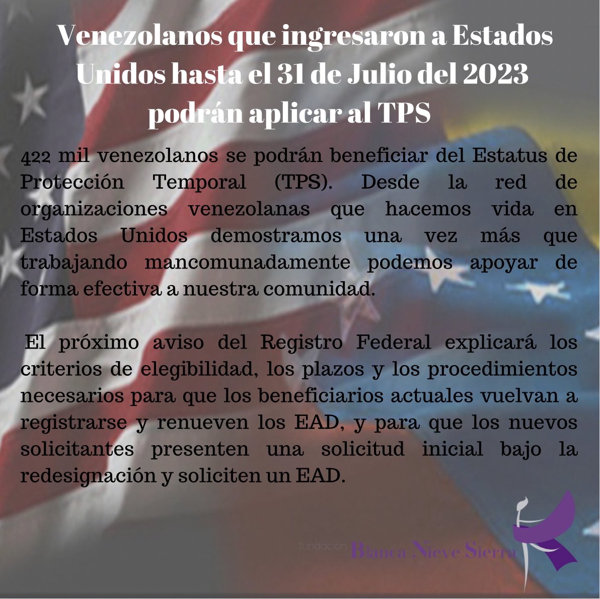 Venezolanos que ingresaron a Estados Unidos hasta el 31 de Julio del 2023
podrán aplicar al TPS. 
Desde la red de organizaciones
venezolanas que hacemos #USA demostramos nuevamente que mancomunadamente podemos apoyar de forma efectiva a nuestra comunidad.