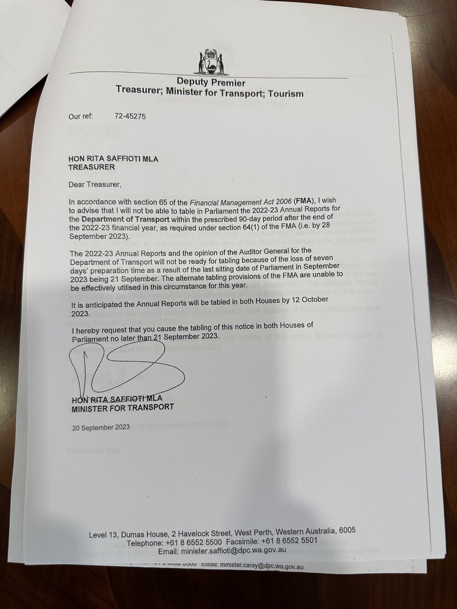 Rita Saffioti has written a letter to herself, advising herself that she cannot table her Annual Report on time. She then asks herself to advise Parliament of the above. Your taxpayer dollars at work #wapol