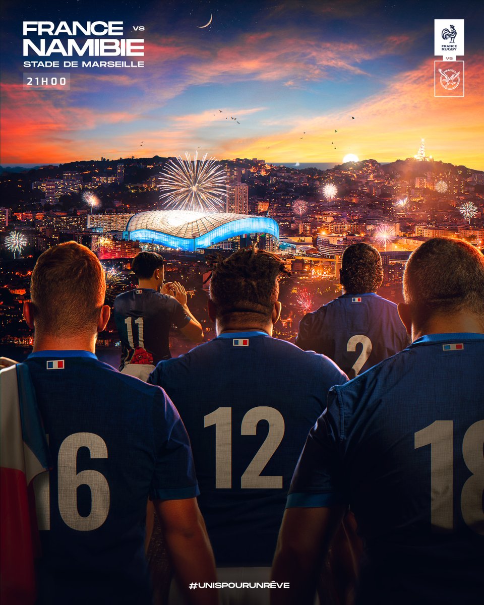 FranceRugby's tweet photo. 🧭 𝑫𝒖 𝑵𝒐𝒓𝒅 𝒂𝒖 𝑺𝒖𝒅... jour de match à Marseille ! 🔥🏟️

🇫🇷🇳🇦 Nos Bleus affrontent la Namibie pour son 3ème match de poule dans cette #RWC2023 👊

⏰ 21h 
📺 @France2tv 

#UnisPourUnRêve #FRAvNAM #XVdeFrance https://t.co/W5nBKHZdbL