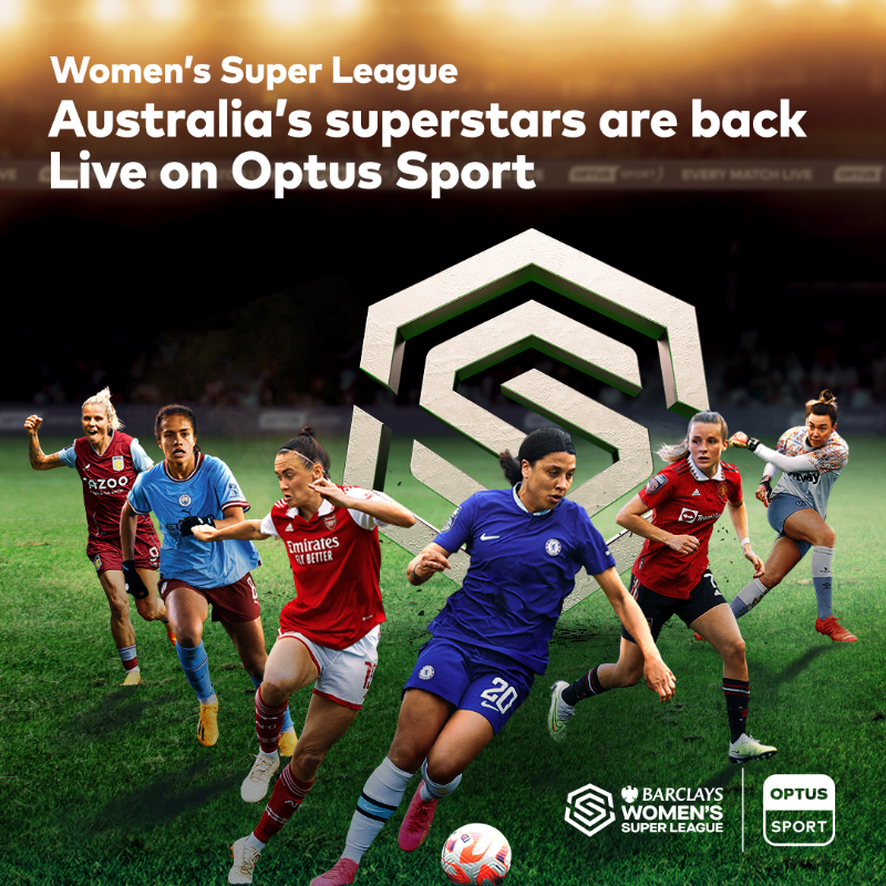 StanSportFC's tweet photo. Australia's superstars are back on Optus Sport, in the Barclays Women’s Super League. Live on Optus Sport. 

AU personal viewing only. Content may change. Fair Go Policy applies. T&amp;Cs apply.