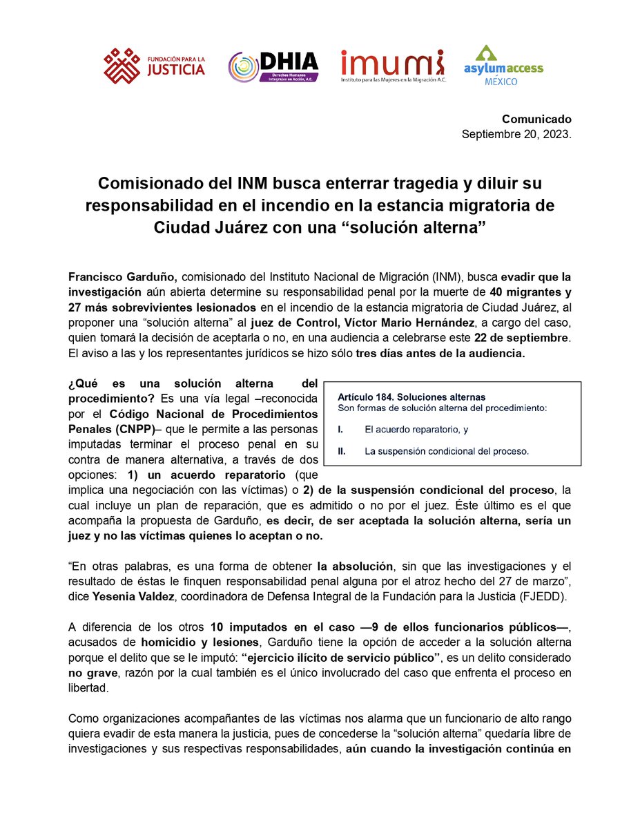 FJEDD's tweet photo. Francisco Garduño, comisionado de @INAMI_mx, busca evadir que la investigación aún abierta determine su responsabilidad penal por la muerte de 40 migrantes y 27 sobrevivientes lesionados en el incendio de la estancia de Ciudad Juárez, al proponer una “solución alterna” https://t.co/X6pcfvzzAA