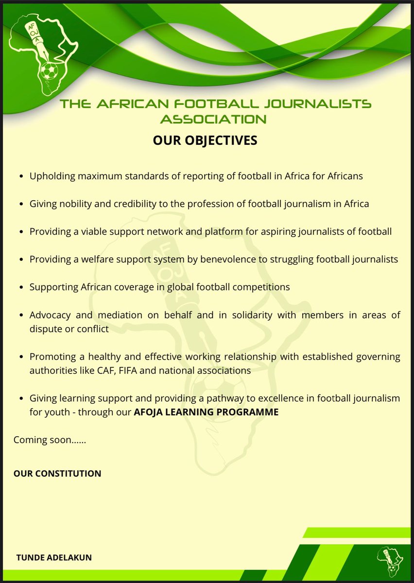 CoachTundeTalks's tweet photo. ANNOUNCING
AFRICAN FOOTBALL JOURNALISTS ASSOCIATION (AFOJA)
To institutionalise football journalism in Africa
To look after existing and past journalists, to train young aspiring football journalists on true ethics of the profession
To join
Email: AFOJA@theafricanfootballclub.com https://t.co/saROTua7L1