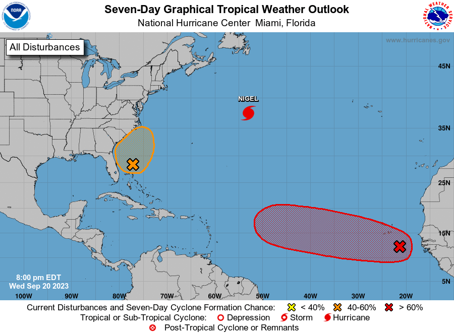 NHC_Atlantic's tweet photo. 8 PM EDT Wed Update: NHC is monitoring two areas in the Atlantic basin with development potential later this week and into this weekend. More information on these systems can be found in the Tropical Weather Outlook on https://t.co/tW4KeGe9uJ https://t.co/bH4uPVAUfE