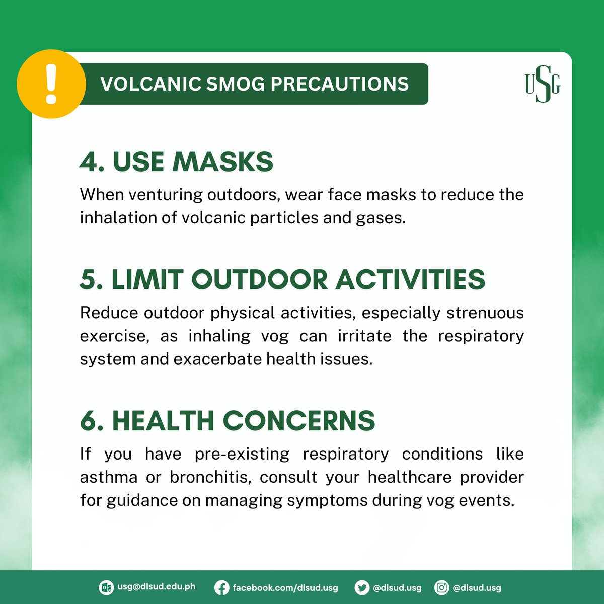 dlsud_usg's tweet photo. 𝐀𝐃𝐕𝐈𝐒𝐎𝐑𝐘  

The heightened volcanic activity at Taal Volcano has led to the discharge of volcanic smog, commonly known as vog. The presence of volcanic smog can exert several detrimental impacts on human health.  

#USG2324 #DLSUDUSG https://t.co/QruYLSFDbn