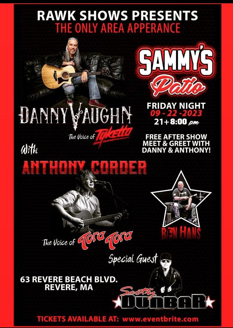 Coppermoon72's tweet photo. Coming up FRIDAY!

Check out "Danny Vaughn voice of Tyketto &amp; Anthony Corder voice of Tora Tora 21+" on Eventbrite!

Date: Fri, Sep 22 • 8:00 PM EDT

Location: 63 Revere Beach Boulevard, Revere, MA 02151

https://t.co/jQozqDe2Pr https://t.co/JzP6q3xiox