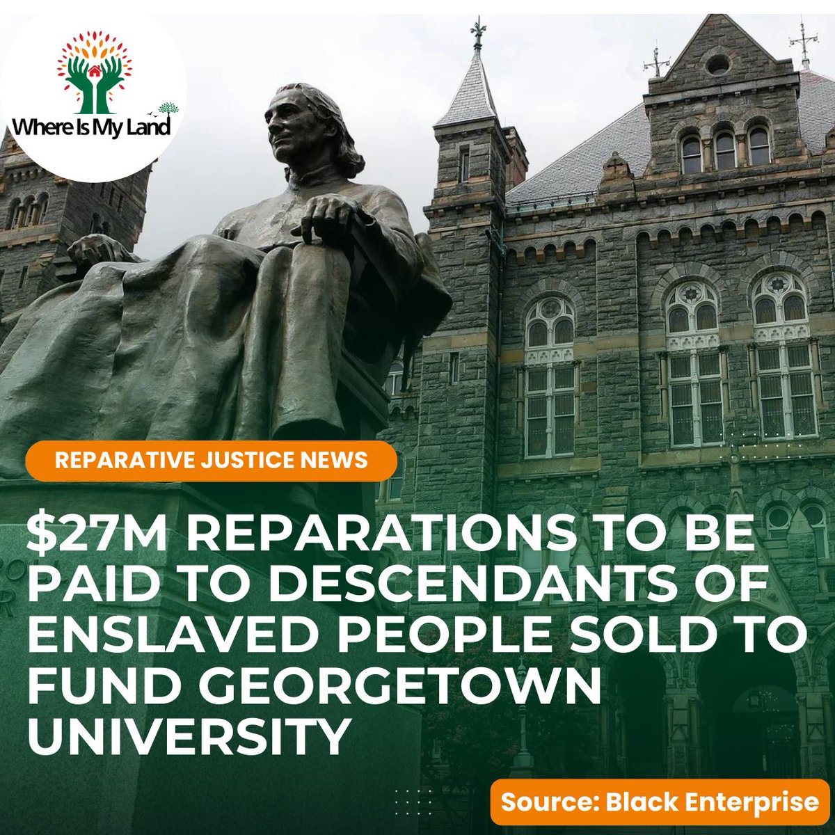 whereismyland's tweet photo. Over 13,000 descendants of 272 enslaved people sold to help fund Georgetown University are being both acknowledged and compensated for the generational trauma inflicted upon them. https://t.co/WTT16tgonh