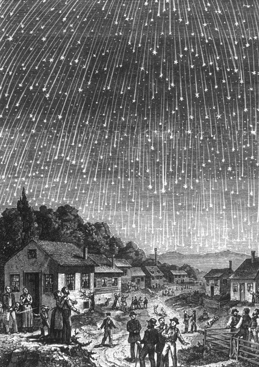 On November 12, 1833, there was a meteor shower so intense that it was possible to see up to 100,000 meteors crossing the sky every hour. Many at the time believed it was the end of the world, leading Adolf Vollmy to create a woodcut inspired by the event.