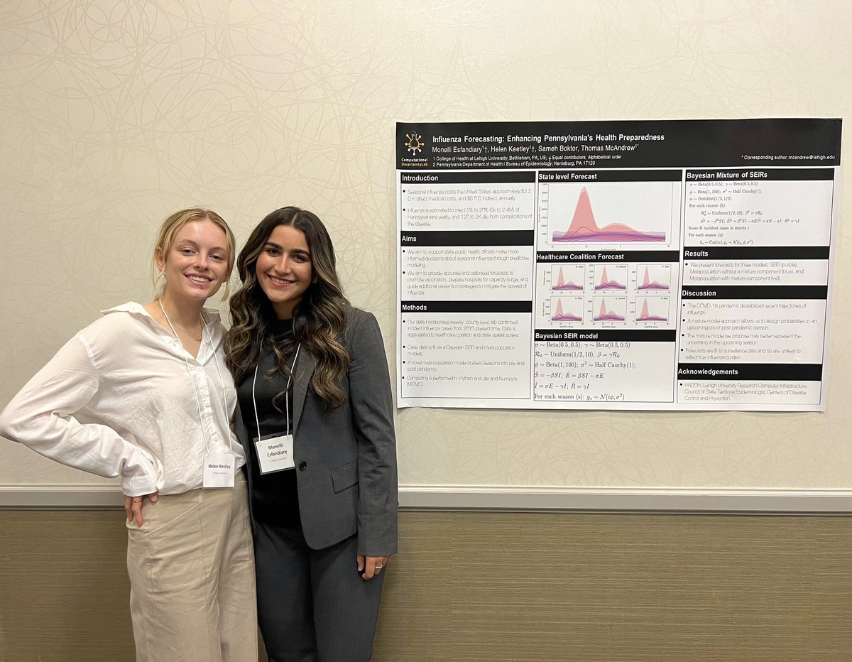 Two COH students, Helen Keetley &amp; Monelli Esfandiary, attended a conference hosted by @cstenews &amp; @cdcgov as the only undergrad attendees

They presented their work with Prof. McAndrew on flu forecasting for PA. They’re working on a mixture model which accounts for covid’s effect