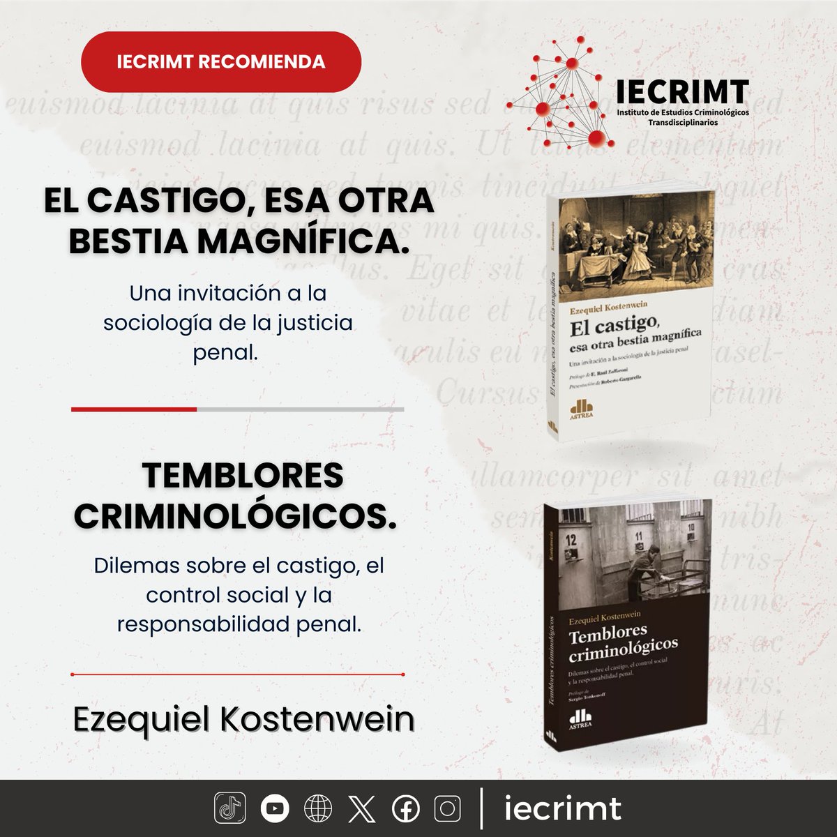 iecrimt_oficial's tweet photo. #IECRIMT Recomienda | 📕

Dos libros del autor Ezequiel Kostenwein.

📌 'El castigo, esa otra bestia magnífica...'
📌 'Temblores Ciminológicos...'
-
#Criminología #DerechoPenal #Castigo #ControlSocial #Sociología #Desviación #JusticiaPenal #IecrimtRecomienda https://t.co/C7ineLywyM