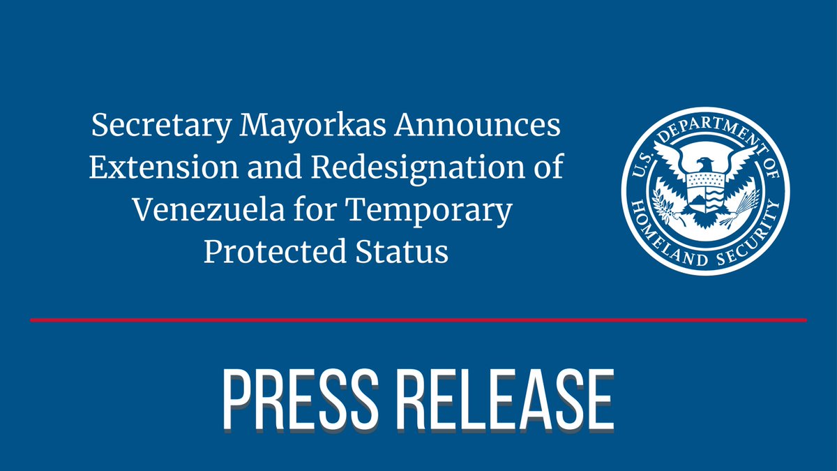 NEW: Today, <a href="/SecMayorkas/">ARCHIVED: Secretary Alejandro Mayorkas</a> announced the extension and redesignation of Venezuela for Temporary Protected Status (TPS) for 18 months, due to extraordinary and temporary conditions in Venezuela that prevent individuals from safely returning. ⤵️

dhs.gov/news/2023/09/2…