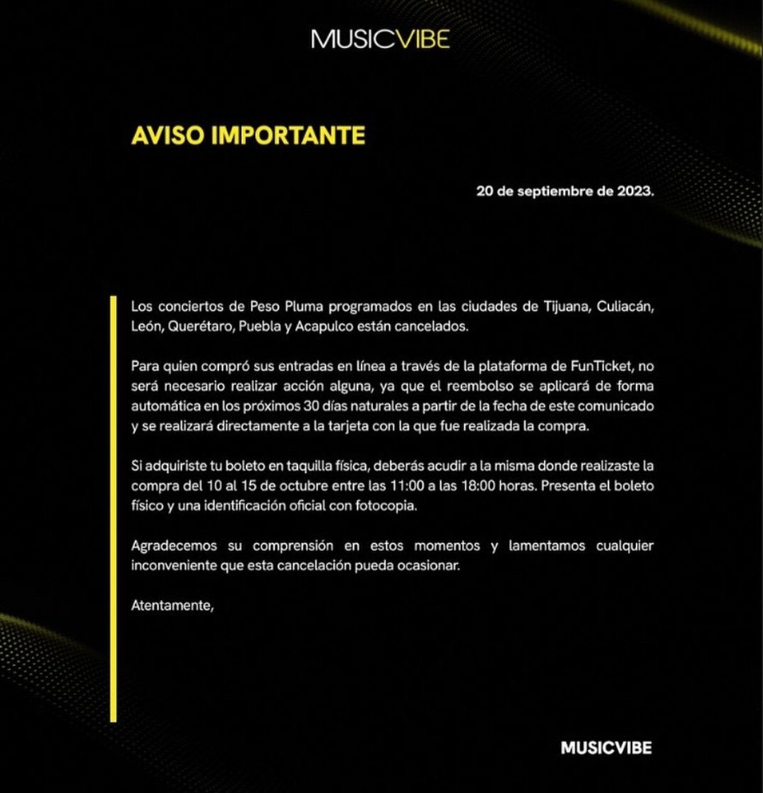 ticketelhamster's tweet photo. Se cancelan los conciertos de PP en Tijuana, Culiacán, León, Querétaro, Puebla y Acapulco 🫠

En la imagen información para reembolso.

#PesoPluma #ticketelhamster 🐹 https://t.co/PP4TREzR53