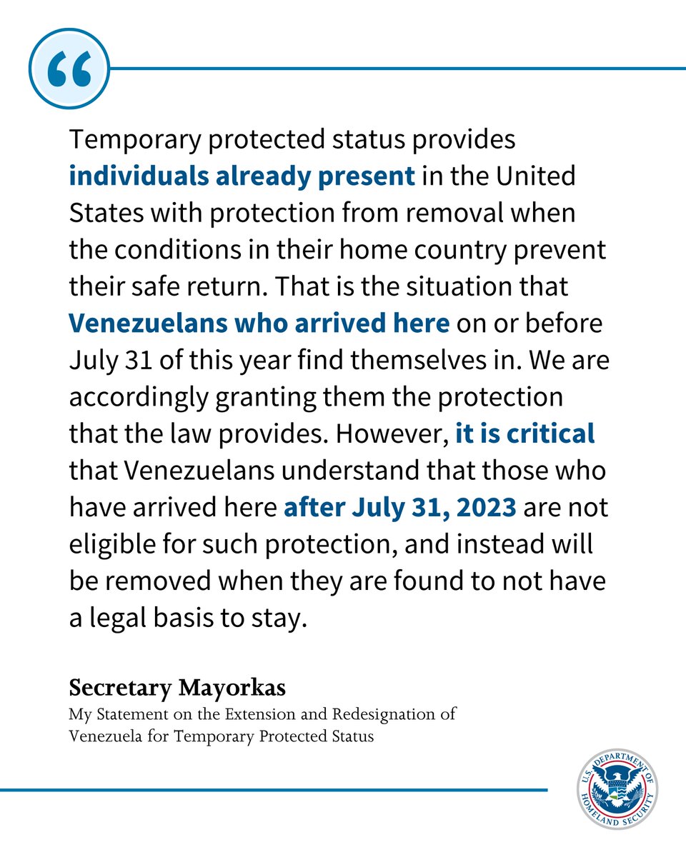 Temporary protected status (TPS) provides individuals already present in the U.S. with protection from removal when the conditions in their home country prevent their safe return. My statement on the extension and redesignation of Venezuela for TPS. ⤵️