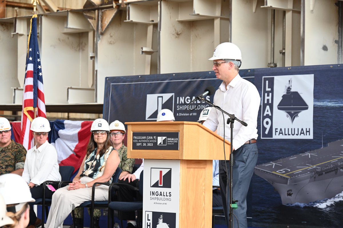 Today at @WeAreHII, Mrs. Donna Berger declared the keel of the future USS Fallujah truly and fairly laid. LHA 9 will one day join the amphibious fleet and make our @USNavy and @USMC a potent fighting team.