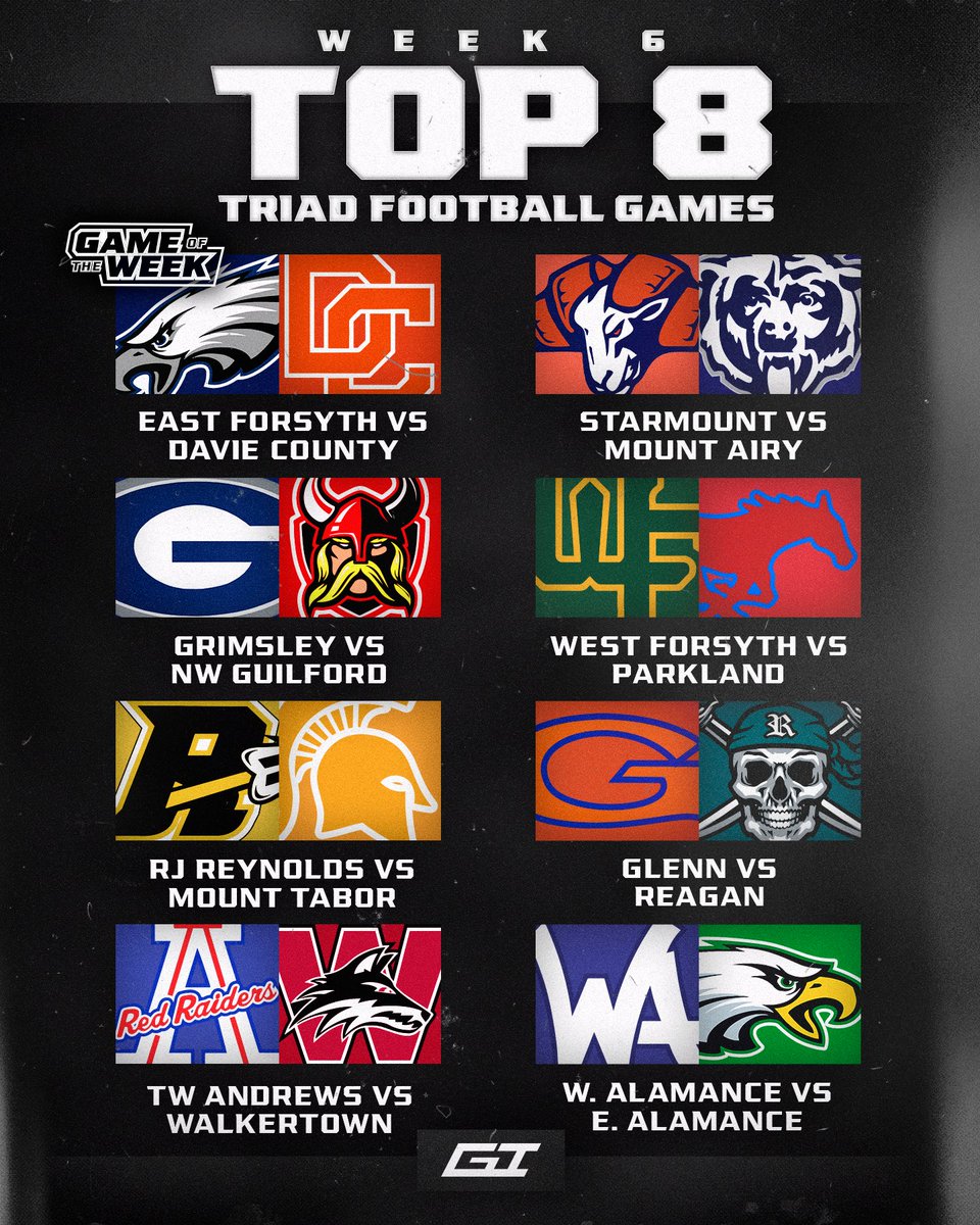 GameofInchesHSS's tweet photo. It’s already WEEK 6️⃣⁉️ Here are our Top 8 matchups for the Triad🏈 Comment your locks for the week✅⏬️ https://t.co/hWhoxpESjV