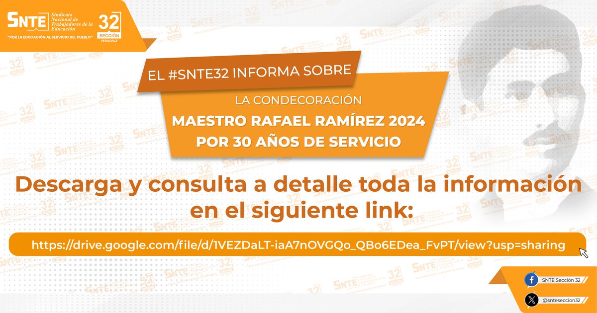 snteseccion32's tweet photo. 🟠🟢 Compañeras y compañeros, el #SNTE32 y el #EquipoPolítico te informan sobre la Convocatoria para el estímulo por 30 años de servicio "Maestro Rafael Ramírez".

Descarga la convocatoria en el siguiente enlace ⬇️ 

https://t.co/eOsFQbuzDG https://t.co/I6NKbc6tdH