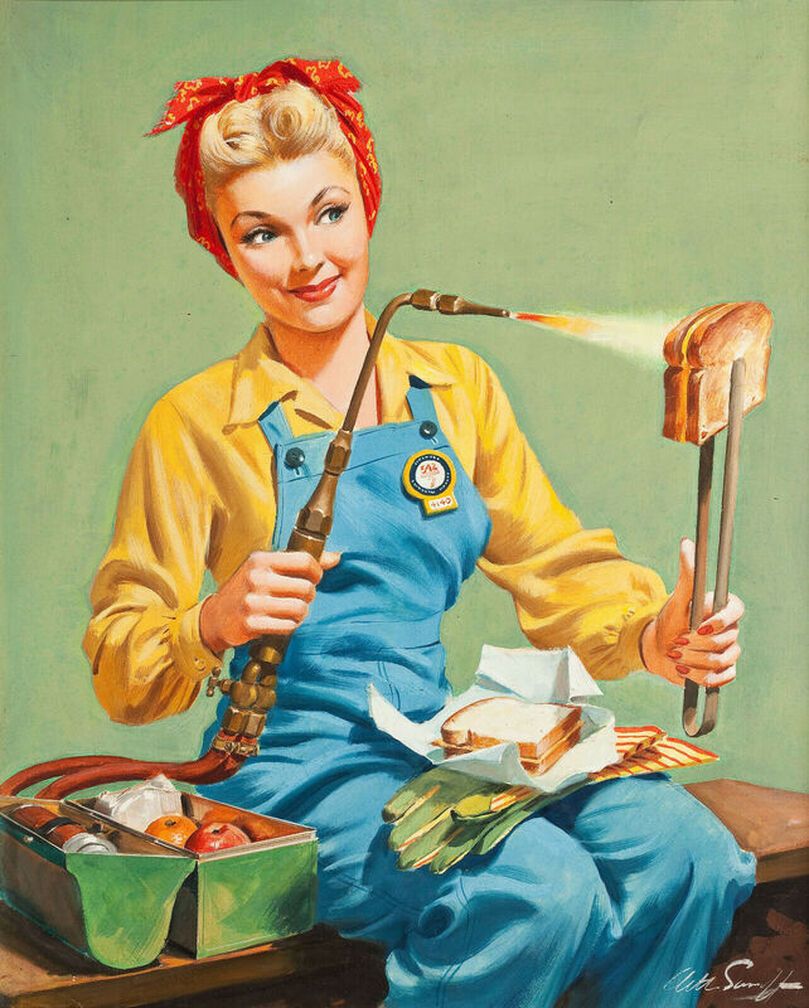 This fascinating image was used for the cover of "Argosy" magazine, and says a lot about popular opinion about women welders during WW2!

thefoodhistorian.com/blog/world-war…

#WWII #WorldWar2 #WW2 #WomensHistory #wartime #WorldWarWednesday #WinnieTheWelder #HomeFrontHistory #CommercialArt