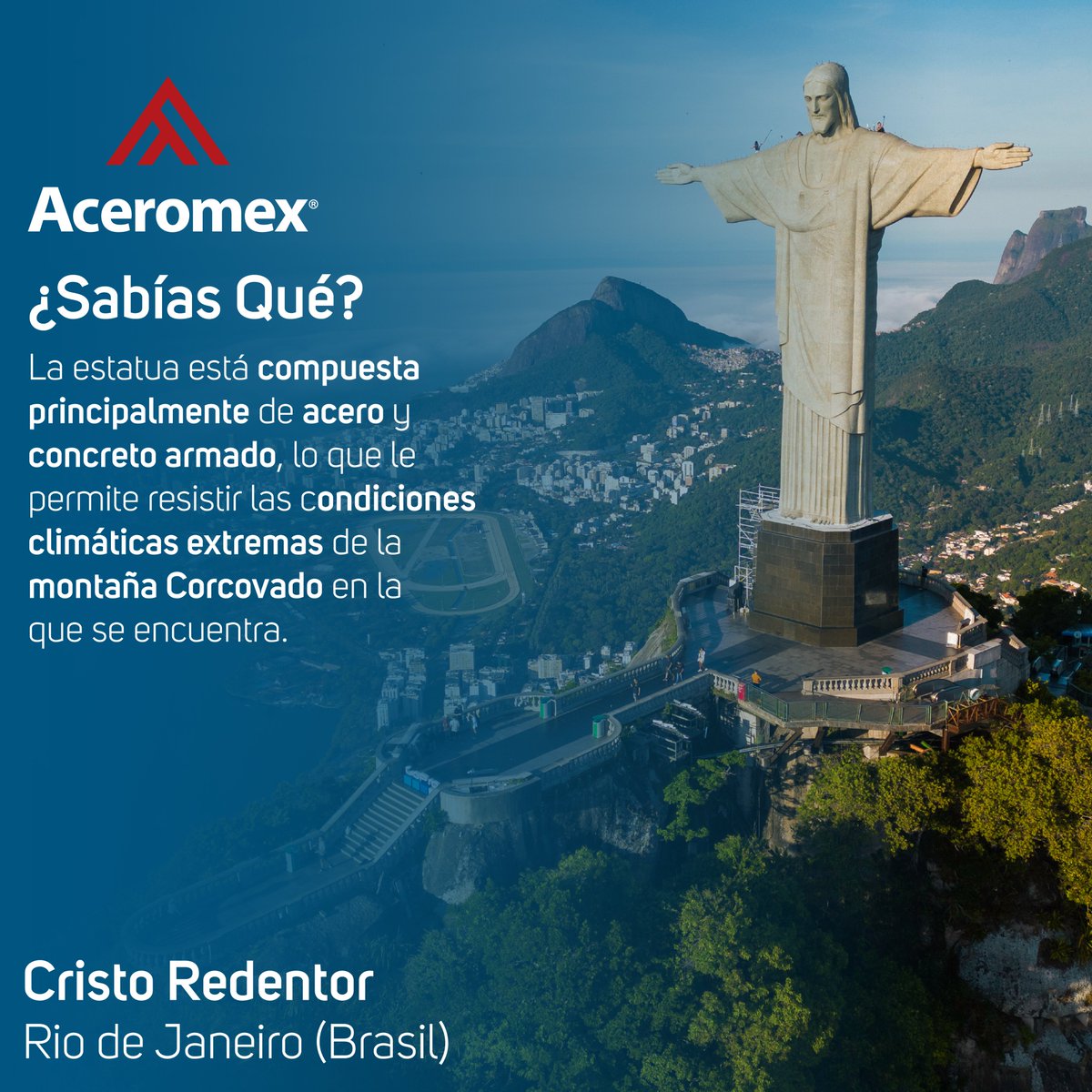 ¿Sabías Qué? | Aceromex ®

El Cristo Redentor fue construido en la década de 1930 y se ha convertido en un ícono no solo de Río de Janeiro sino de Brasil en su conjunto. 🇧🇷