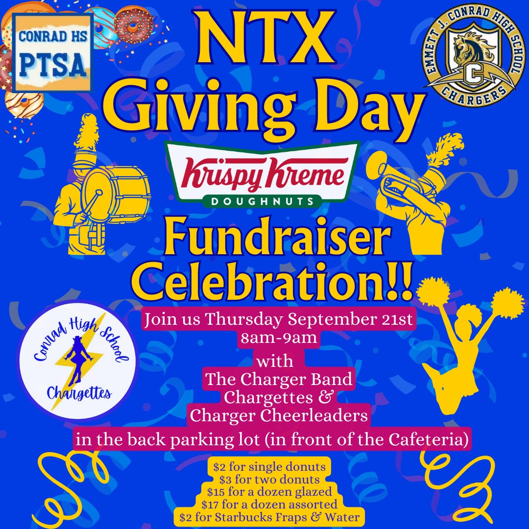 EJConradPTSA's tweet photo. NTX Giving Day is Thursday! 
Come join our donation celebration and help Conrad reach our goal!
#ntxgivingday #ntxgivingday2023 #weareconrad #conradnation https://t.co/b6Xd1o9I7r