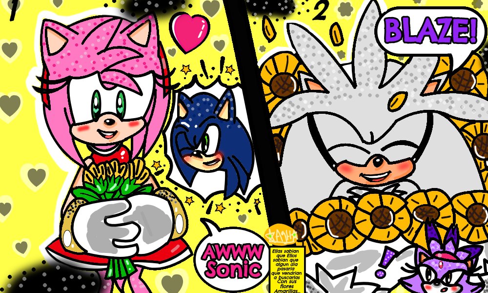 #SonAmy #Silvaze #SonicTheHedgehog  #Amy #Silver #Blaze #comic #art #draw #popart #floresamarillas 
#21DeSeptiembre #fanart 
🌻🌻🌻💗💙🤍💜 
short pop art comic for the occasion of my 2 favorite 
couples, this day yellow flowers are given and beginning of spring ( hemisferio sur)