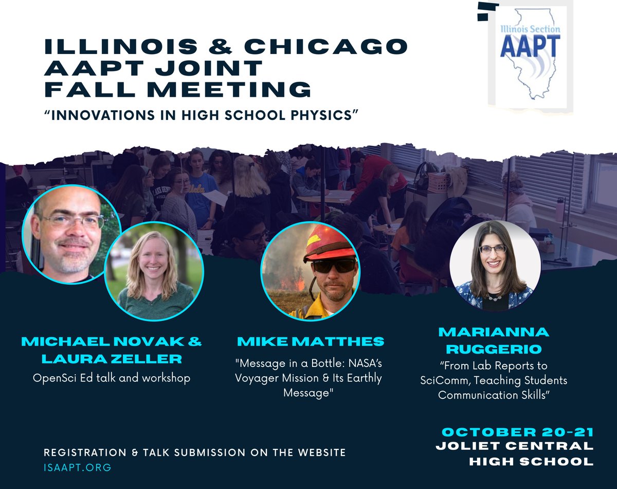 CS_AAPT's tweet photo. We are pleased to announce the FALL JOINT meeting with Chicago section 10/20-21 at Joliet Central High School! The theme is "innovations in high school physics". Registration and talk submissions are now open! https://t.co/OeiwvmovhH https://t.co/pz2DYpNjhS