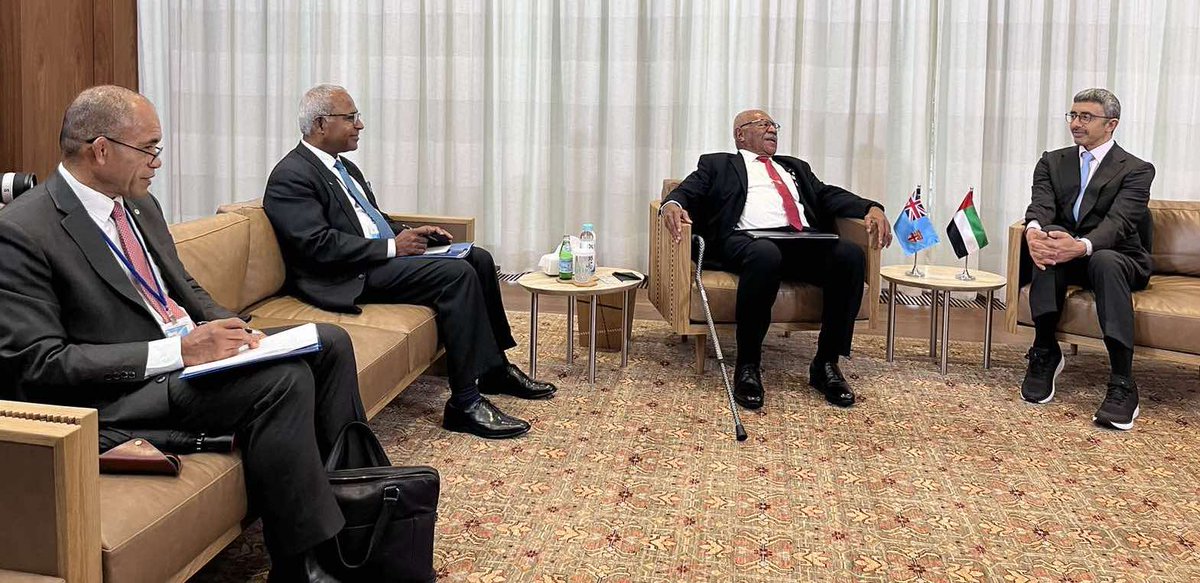 Prime Minister <a href="/slrabuka/">Prime Minister Sitiveni Rabuka</a> and UAE Foreign Minister His Highness Sheikh Abdullah bin Zayed Al Nahyan met at the UAE Mission in New York. They discussed crucial global issues and future cooperation, ahead of the upcoming UNFCCC #COP28 to be held in Dubai this year. #FijiUAE  🇫🇯🇦🇪