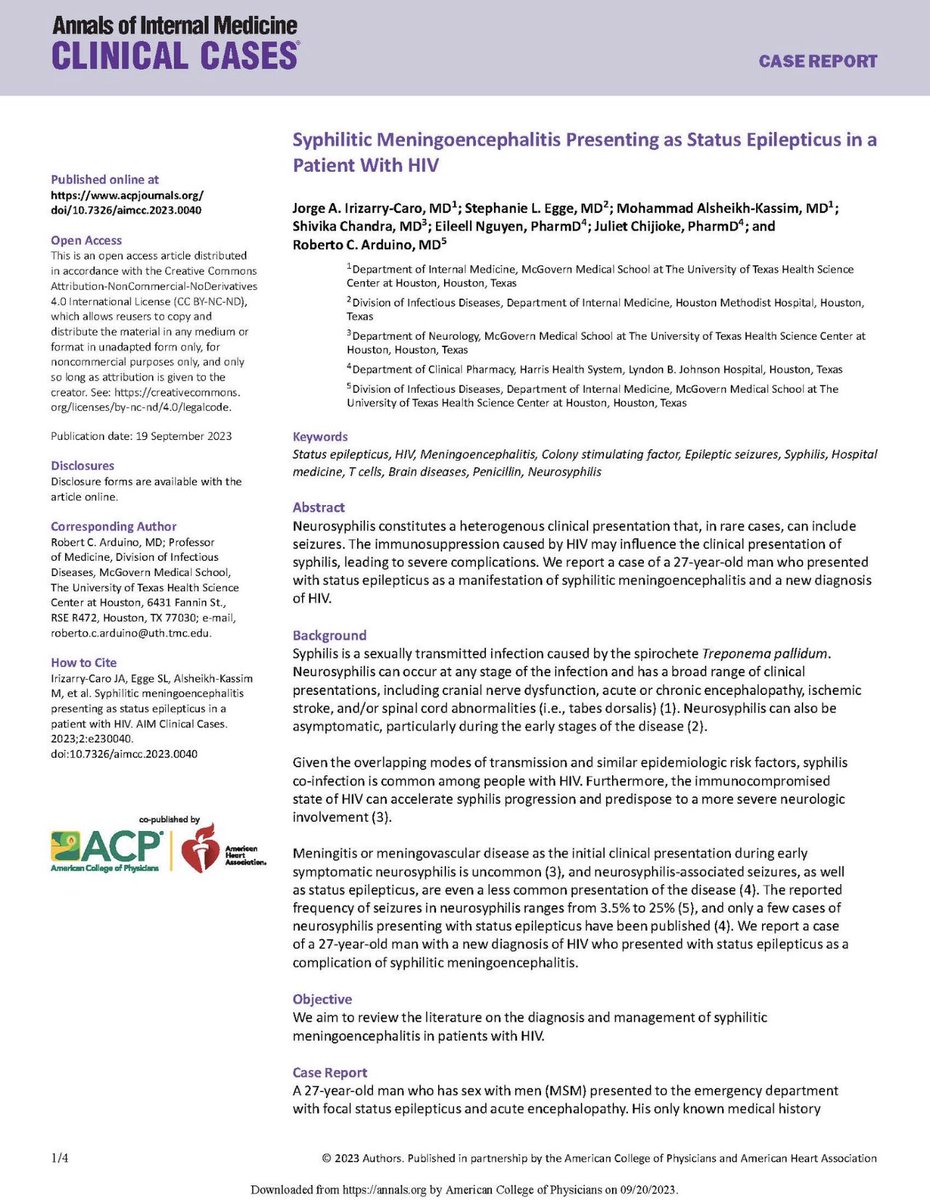Jorge Irizarry-Caro, MD (@jirizarrycaromd) on Twitter photo Though rare, neurosyphilis can present with seizures. These patients should be screened for HIV as early tx with ART reduces complications. Check out our most recent article on the topic👇🏼
acpjournals.org/doi/10.7326/ai…
<a href="/AnnalsofIMCC/">Annals of Internal Medicine: Clinical Cases</a> <a href="/UTHimres/">UTHealth Houston IM Residency</a> <a href="/ut_infectious/">UTHealth Houston Infectious Diseases</a> <a href="/UTHealth_Neuro/">UTHealth Houston Neurology Residency</a> <a href="/shivika_ch/">Shivika Chandra, MD</a> Though rare, neurosyphilis can present with seizures. These patients should be screened for HIV as early tx with ART reduces complications. Check out our most recent article on the topic👇🏼
acpjournals.org/doi/10.7326/ai…
<a href="/AnnalsofIMCC/">Annals of Internal Medicine: Clinical Cases</a> <a href="/UTHimres/">UTHealth Houston IM Residency</a> <a href="/ut_infectious/">UTHealth Houston Infectious Diseases</a> <a href="/UTHealth_Neuro/">UTHealth Houston Neurology Residency</a> <a href="/shivika_ch/">Shivika Chandra, MD</a>