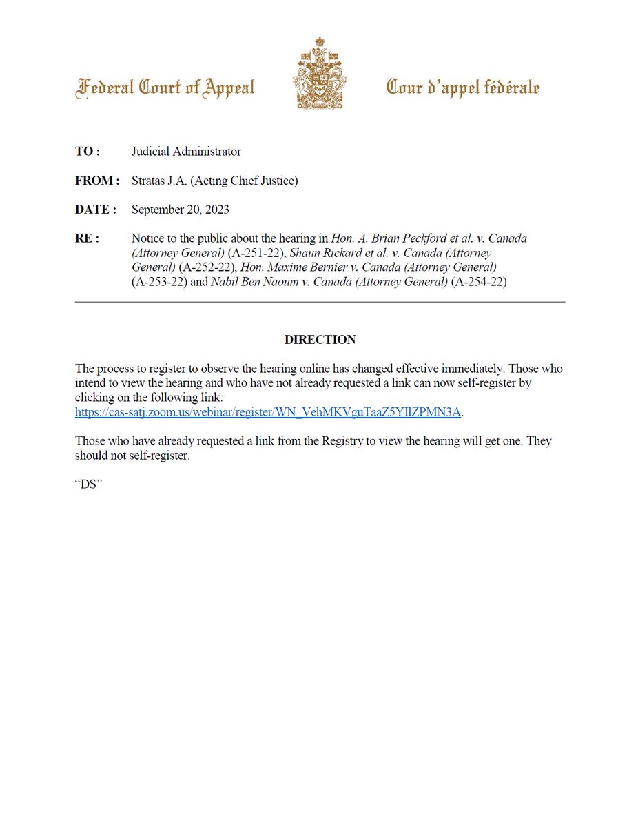 ShaunRickard67's tweet image. Very important update and letter addressed to the public from the Federal Court of Appeal (FCOA) in Ottawa.  

The letter attached addresses all of those who have already registered to watch our vaccine travel mandates mootness hearing live via Zoom on October 11th, 2023, and all…