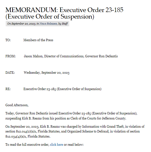 🚨Governor @RonDeSantis issued Executive Order 23-185 (Executive Order of Suspension), suspending  Republican Kirk B. Reams from his position as Clerk of the Courts for Jefferson County.
#Florida #FLpol #DrainingTheSwamp