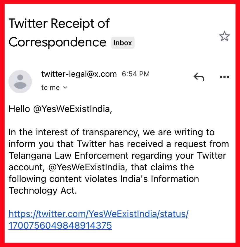 Proof of Hyderabad Police lying to Twitter saying that <a href="/YesWeExistIndia/">Yes, We Exist 🏳️‍⚧️🏳️‍🌈</a> violated IT Act. Whereas our tweet in question is only showcasing how Hyderabad Police has been harassing LGBTQ+ people. SHAME ON YOU <a href="/CVAnandIPS/">CV Anand IPS</a> <a href="/CPHydCity/">CP Hyderabad City Police</a> <a href="/hydcitypolice/">Hyderabad City Police</a> <a href="/TelanganaDGP/">DGP TELANGANA POLICE</a> STOP THIS NONSENSE PLS