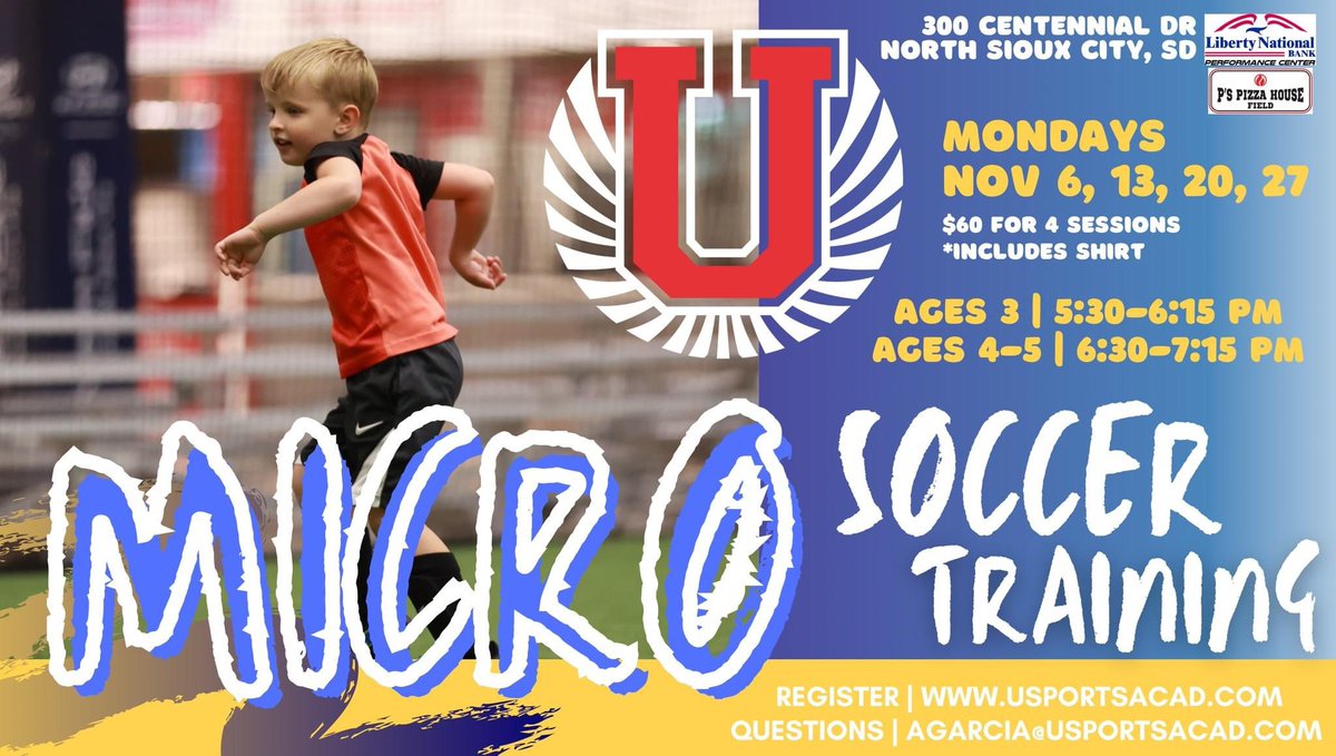 Micro Soccer⚽️
unitedturfsportsacademy.sportngin.com/register/form/…

INFORMATION:
November 6, 13, 20, 27

Ages 3 | 5:30-6:15PM
Ages 4-5 | 6:30-7:15PM
Boys &amp; Girls

COST:
$60 for all 4 Sessions
*Includes t-shirt

QUESTIONS:
Email Armand Garcia at agarcia@usportsacad.com