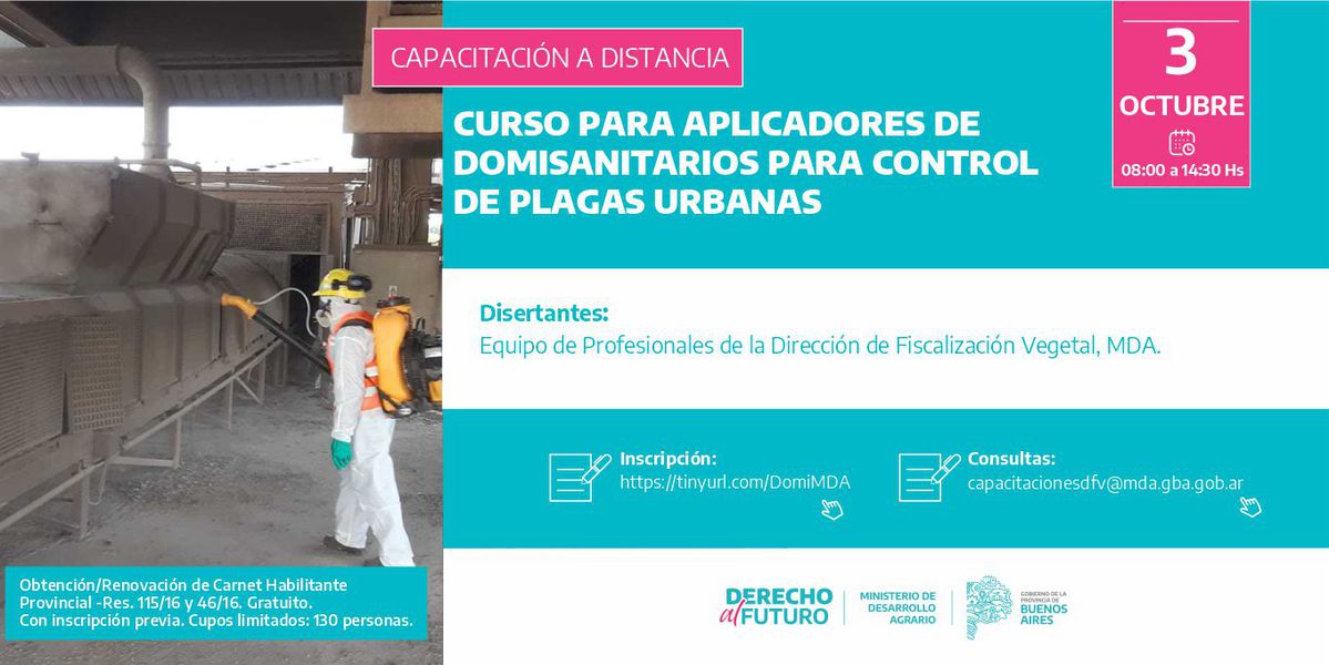 AgrarioPBA's tweet photo. 🧑‍💻Capacitación a distancia
Curso para aplicadores de domisanitarios para control de plagas urbanas  

📌03/10
🕗8 a 14:30 hs
✅Obtención/Renovación de Carnet Habilitante Provincial 

🖱️Inscripción: https://t.co/0QLcOQ4cUo https://t.co/9zMVKKRulD