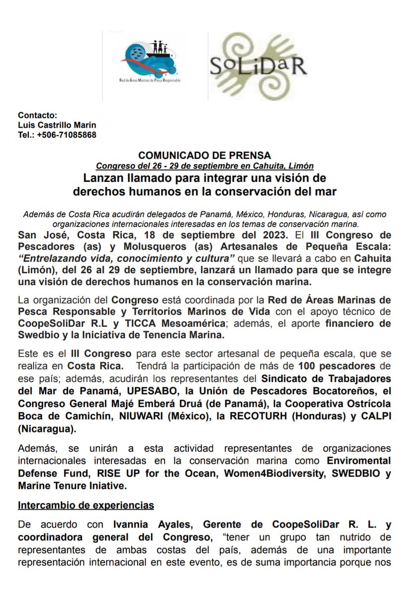 RedTiccaLA's tweet photo. 🌊III Congreso de Pescadores/as y Molusqueros/as Artesanales de Pequeña Escala:"Entrelazando vida, conocimiento y cultura” que se llevará a cabo en Cahuita, Limón, CR,26-29 sept.
Participará #TICCA Mesoamérica
Lanzarán llamado para integrar visión #DDHH en la conservación marina. https://t.co/BOQrsE4mOU
