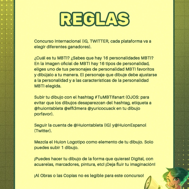 HuionEspanol's tweet photo. 🤩#TuMBTIfanart

💥Concurso Internacional llega

🤔¿Cuál es tu MBTI? ¿Sabes que hay 16 personalidades MBTI?

😁Creación secundaria de su personaje MBTI favorito.

📍Fecha: 20 de septiembre de 2023 -20 de octubre de 2023(Hora de UTC)

#Huion #huionevento #MBTI #fanart #oc #mbti https://t.co/OpaALmyQKC