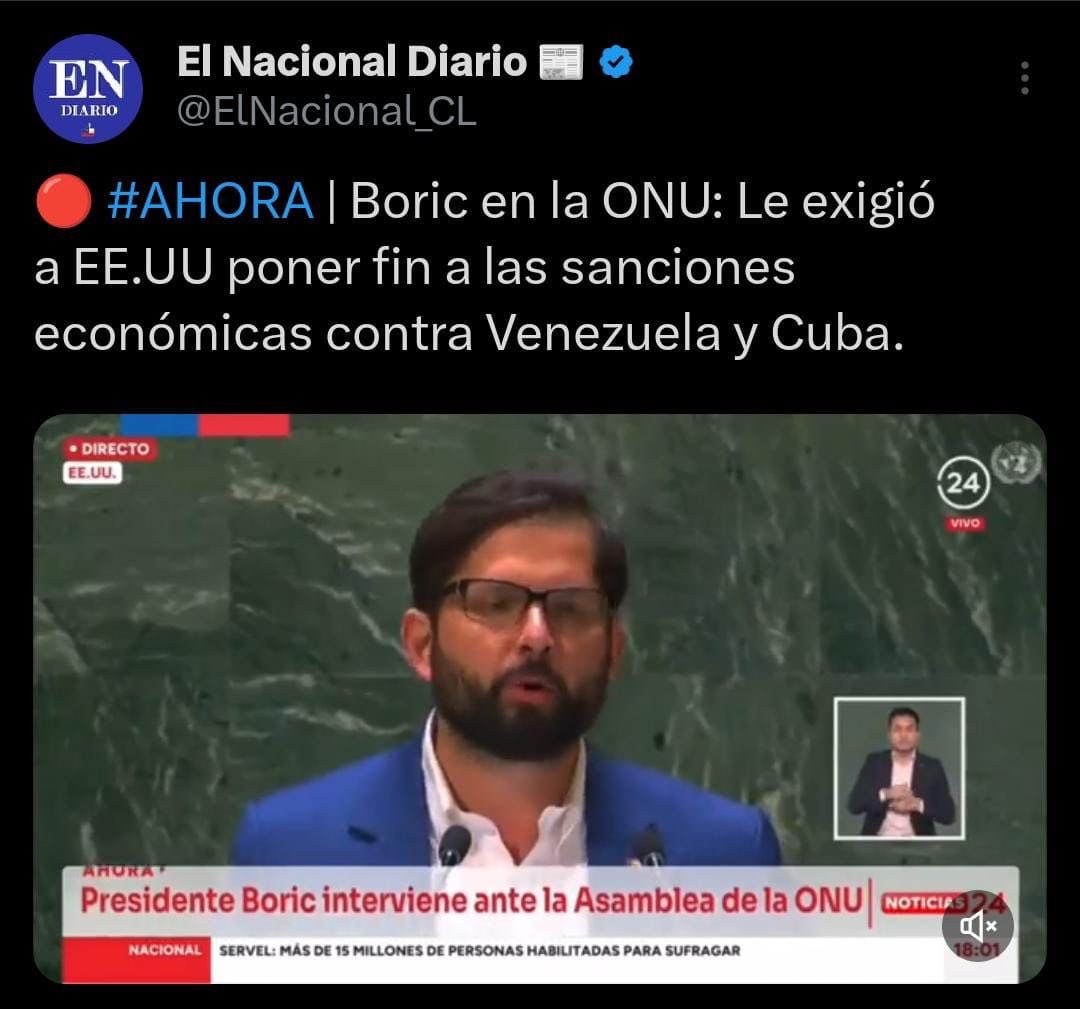 Satisfechos Castro y Maduro con emplazamiento de <a href="/GabrielBoric/">Gabriel Boric Font</a> a EE.UU. de poner fin a las sanciones económicas contra sus países. De exigir a los tiranos poner fin a sus regímenes ni media palabra. Ser vocero de una tiranía te hace cómplice de la misma