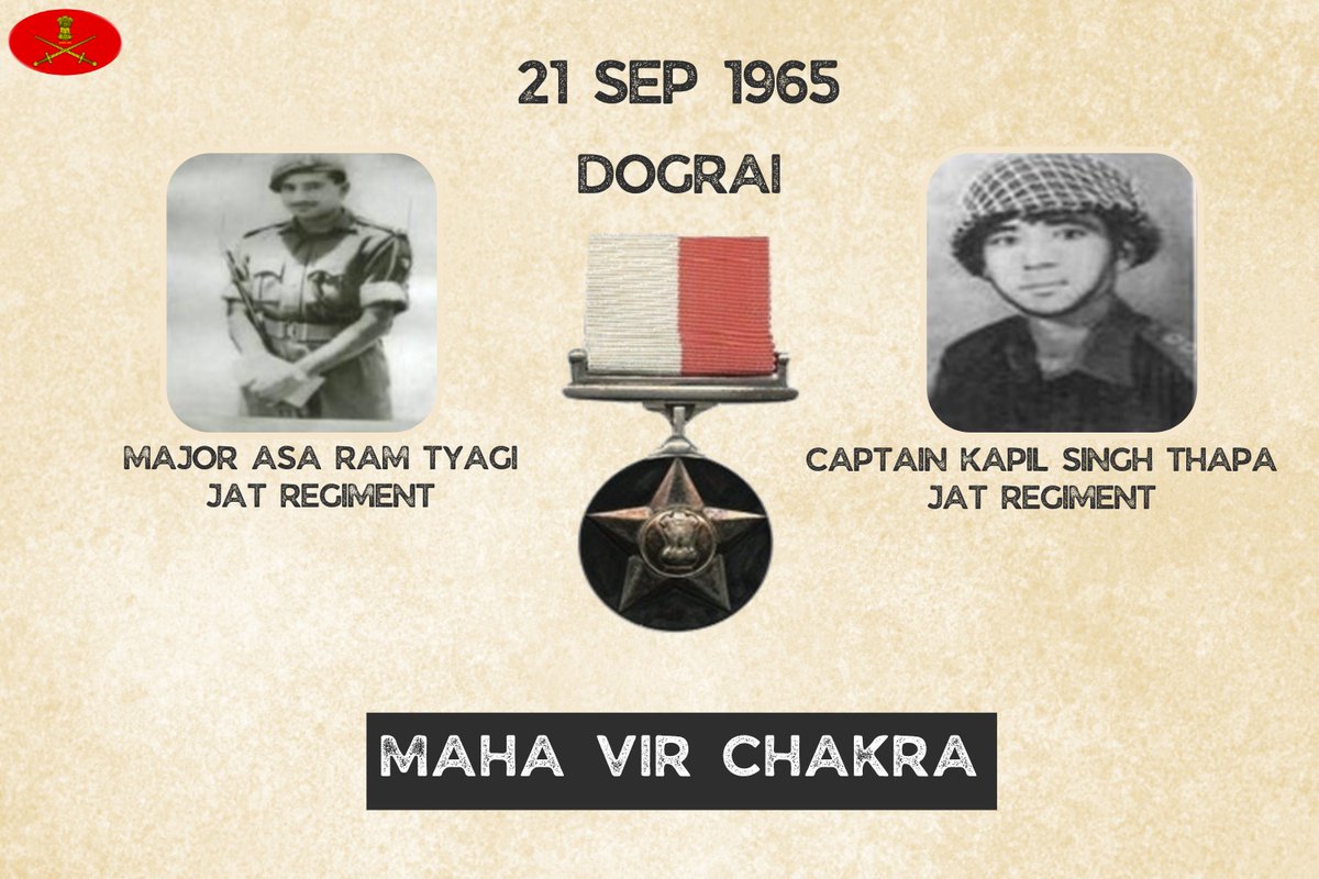 adgpi's tweet photo. 21 सितंबर 1965

#डोगराई

मेजर असा राम त्यागी और कैप्टन कपिल सिंह थापा ने #डोगराई की लड़ाई में दुश्मन के खिलाफ अदम्य साहस, दृढ़ संकल्प और वीरता का परिचय देते हुए सर्वोच्च बलिदान दिया। मरणोपरांत #महावीरचक्र से सम्मानित।

https://t.co/xD2tEjRmLy https://t.co/RPLhOUocdg