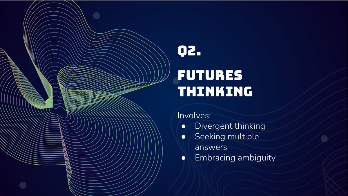 Q2. In a recent podcast, @lisakaysolomon talked about “getting comfy” with skills + habits of futures thinking that maybe don’t regularly show up in schools. Of the ones below, which ones would you love to see first in your learning space? #dtk12chat