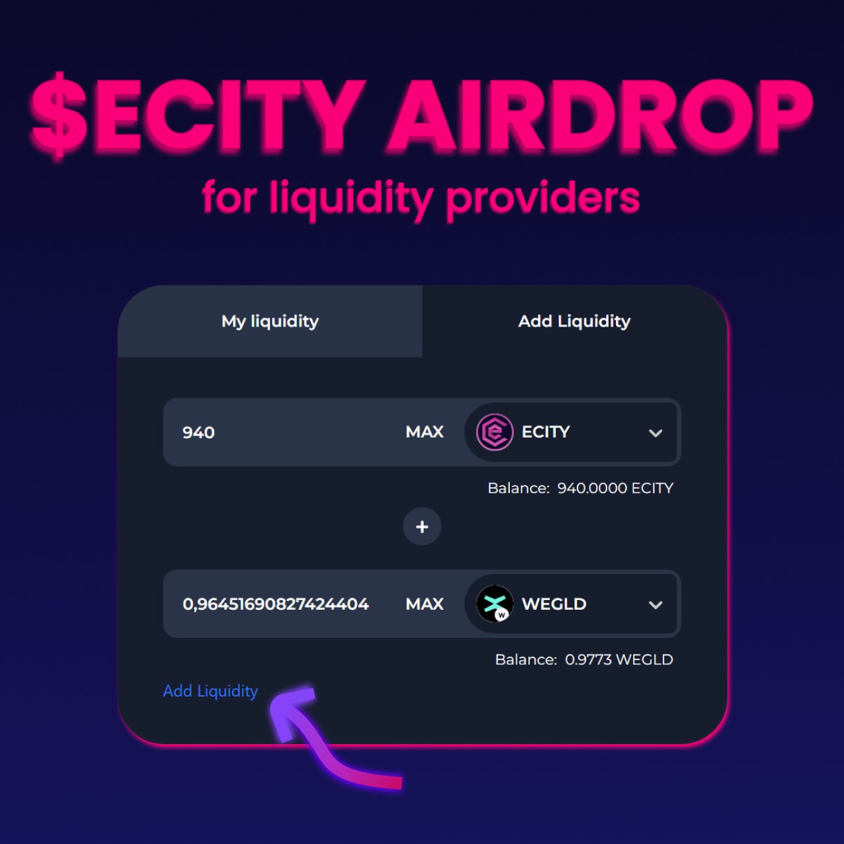 Do you want some free $ECITY?

➡️ Add some liquidity to the ECITY/WEGLD pair on exrond.com/liquidity! ⬅️

On top of the trading fees you’ll earn, we will be airdropping tokens in the coming weeks! 🪂

<a href="/pulsarmoney/">Pulsar Money</a> send 1 $EGLD to 100 reactions

PS: The airdrop will be