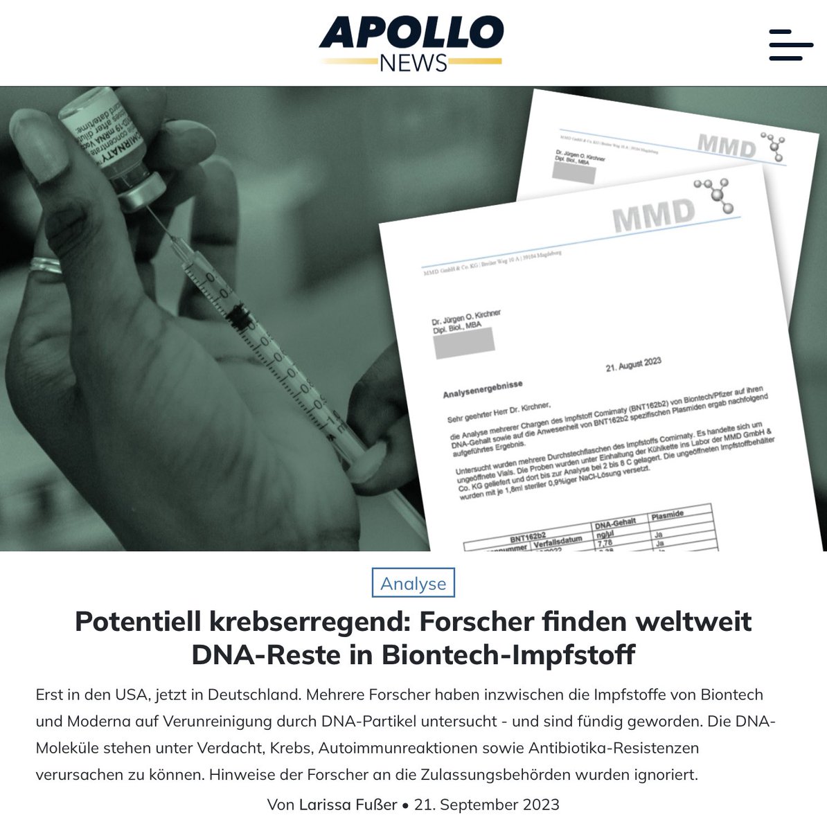 Nun hat auch in Deutschland ein Labor DNA-Reste im Biontech-Impfstoff nachgewiesen. Wir haben mit der Medizinerin telefoniert, die die Untersuchung durchgeführt hat. Es ist unheimlich…
apollo-news.net/potentiell-kre…