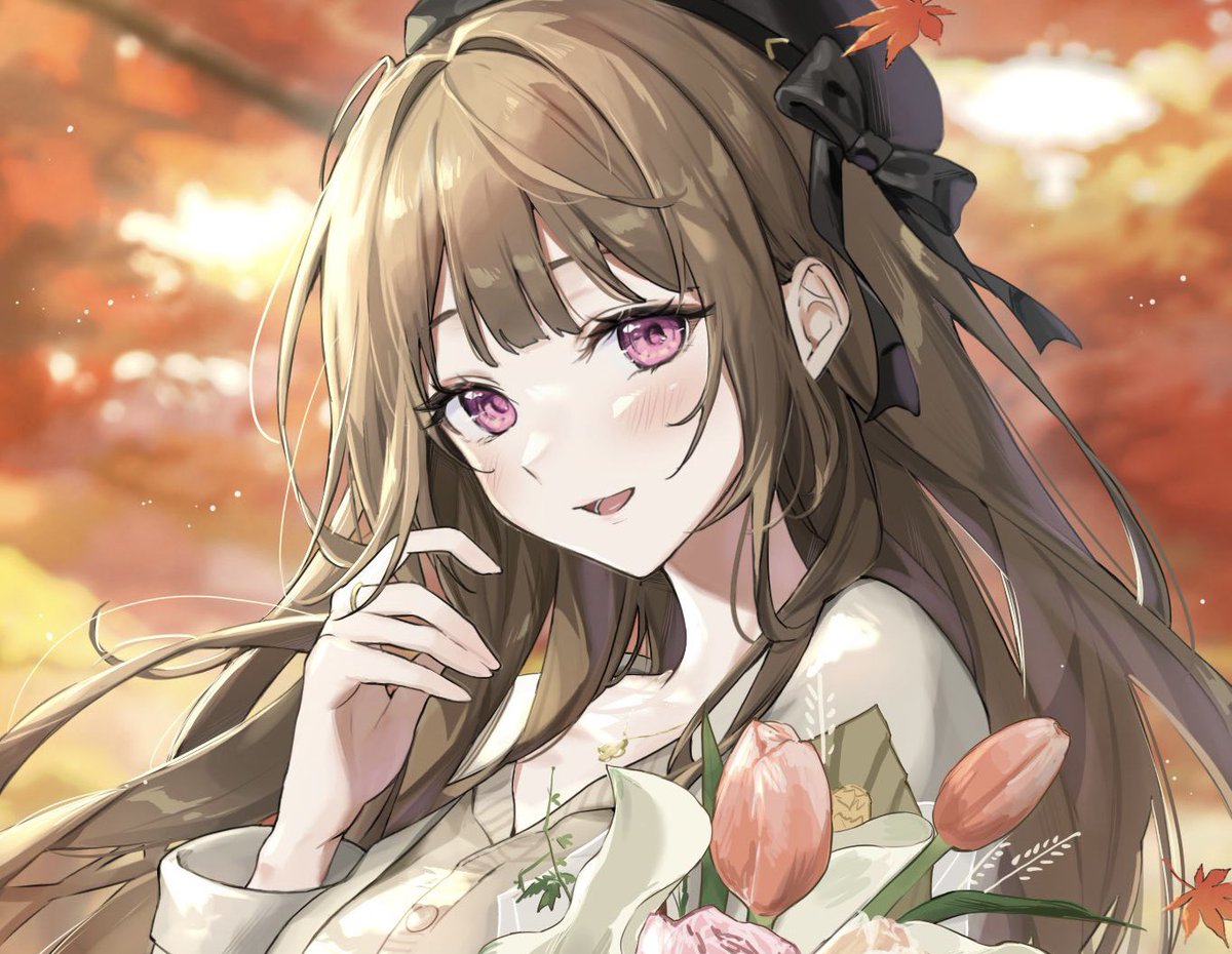 1girl solo hat brown hair flower long hair looking at viewer  illustration images