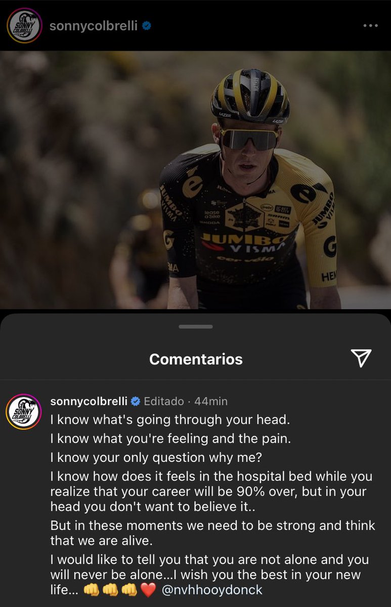🗣️ SONNY COLBRELLI a NATHAN VAN HOOYDONCK: “Sé lo que está pasando por tu cabeza. Sé lo que sientes y el dolor. Sé tu única pregunta, ¿por qué yo? Sé lo que se siente en la cama del hospital mientras te das cuenta de que tu carrera va a terminar un 90%…