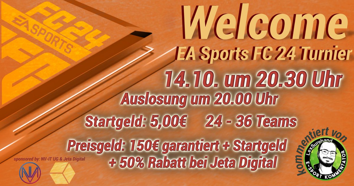 Am 14.10 ist es soweit :
Das Welcome Easportsfc24 Proclubs Turnier startet. 
5€ Cashin und ihr seid dabei!

Zu gewinnen gibt es 150€ für den 1. Platz 
Unter Platz 2&amp;3 wird das startgeld aufgeteilt (je nach Anzahl der Teams)

chat.whatsapp.com/Bd2FbG0EUeq4SS…