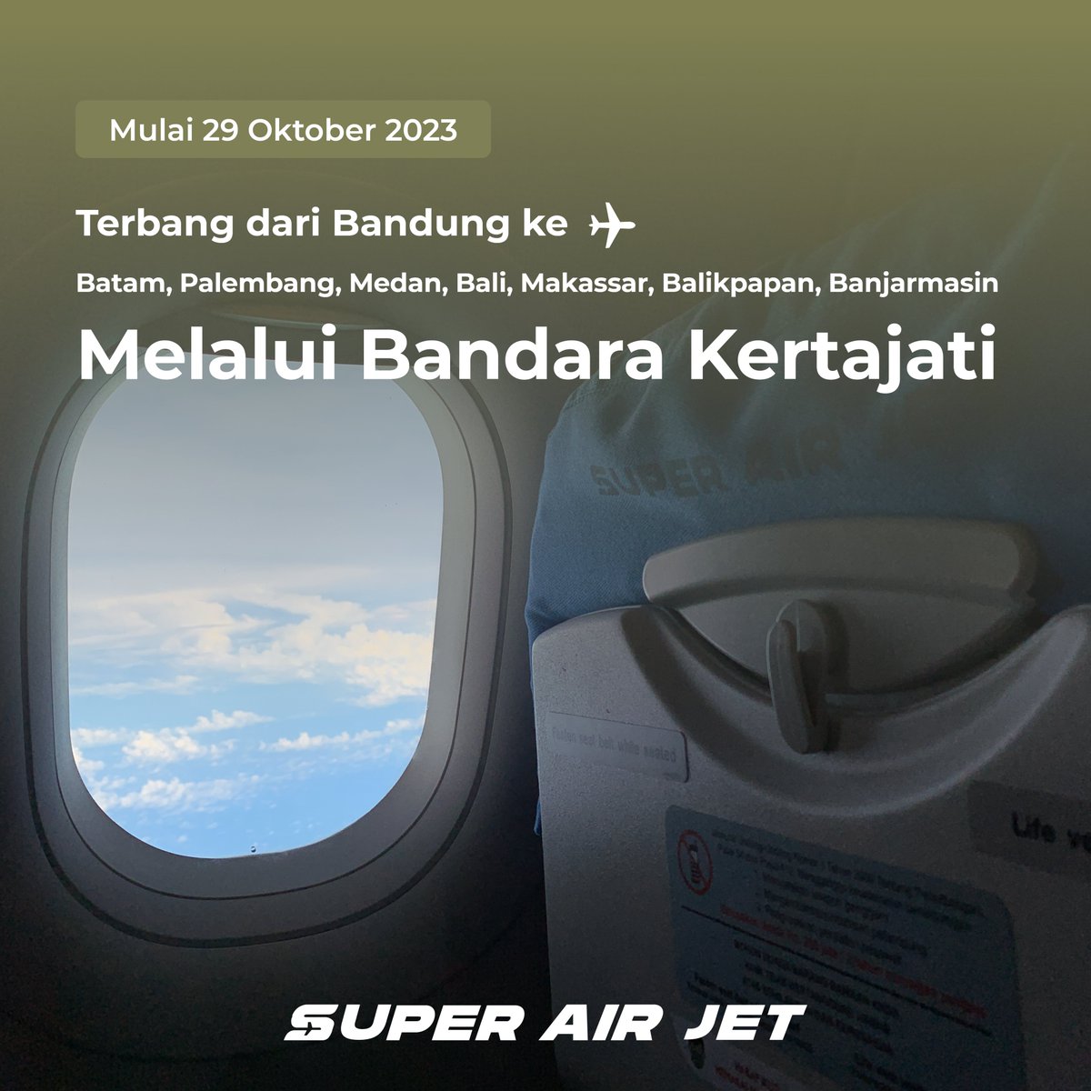 Punya rencana terbang dari/ke Bandung? Mulai 29 Oktober nanti, penerbangan #SuperAirJet melalui Bandara Kertajati ya, Supers. Sampai jumpa di penerbangan!