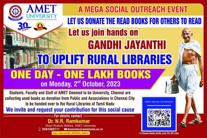 Let us hands-on Gandhi Jayanthi to uplift rural libraries 
One day – One lakh books October 2, 2023.

#GandhiJayanthi #Libraries #Books #October2
#AMETUniversity #Amet #AMETLegacy #Chennai