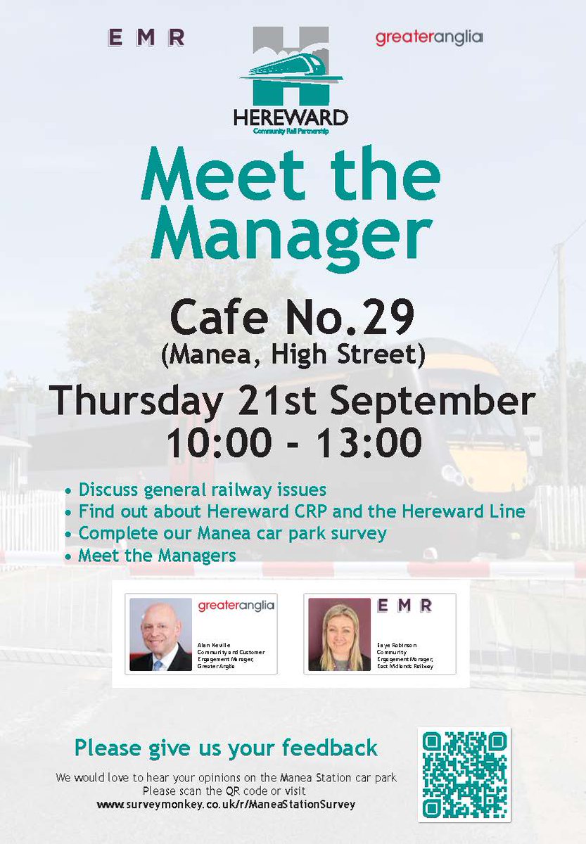 FenlandCouncil's tweet image. 🚆 The latest Meet the Manager event, with the #HerewardCRP, @GreaterAngliaPR &amp;amp; @EastMidRailway, is being held TODAY!

🍰 Join representatives at Cafe No.29 in Manea to discuss all things rail over a cuppa and cake 😋

🕙 10am to 1pm
☕ All welcome

See: fenland.gov.uk/article/17579/…